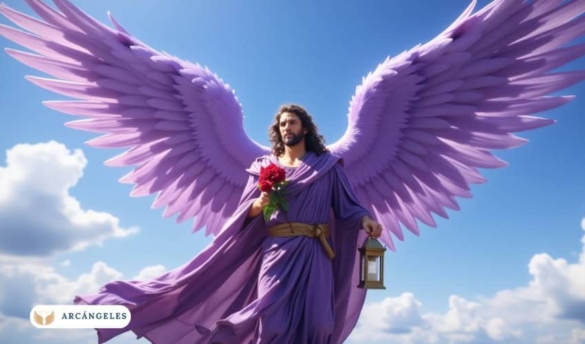 Representación del arcángel Anael con túnica morada, sosteniendo una rosa roja y una lámpara, simbolizando amor, luz y guía espiritual.