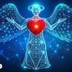 Ilustración del Arcángel Gabriel con un halo y alas extendidas, mostrando un corazón luminoso en el centro. Representa la energía amorosa y protectora del Arcángel Gabriel, destacando su papel en guiar y sanar relaciones afectivas.