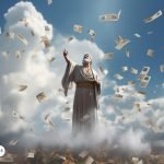 Representación celestial de un hombre entre nubes, elevando los brazos mientras billetes caen a su alrededor, simbolizando la abundancia financiera y la prosperidad divina, en conexión con los arcángeles.
