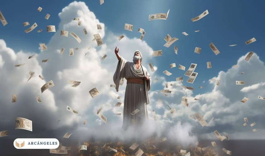 Representación celestial de un hombre entre nubes, elevando los brazos mientras billetes caen a su alrededor, simbolizando la abundancia financiera y la prosperidad divina, en conexión con los arcángeles.