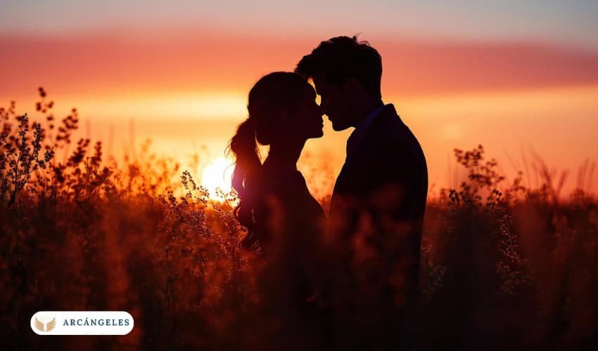 Pareja al atardecer simbolizando la reconciliación tras rezar la oración al Arcángel San Gabriel para recuperar el amor y restaurar la relación.
