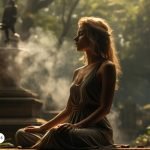 Mujer meditando en un entorno natural, simbolizando la conexión espiritual y la práctica de meditación con la guía de los arcángeles.
